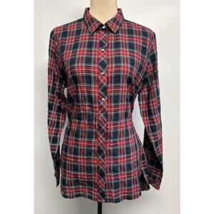 J Jill Plaid Button Down Tie Back Medium Tunic Top Red Black Preppy Holiday
